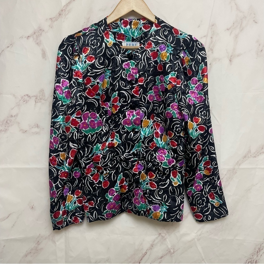 Vtg Peri Petites Floral Bow Maxi Button-Up Jacket - C28